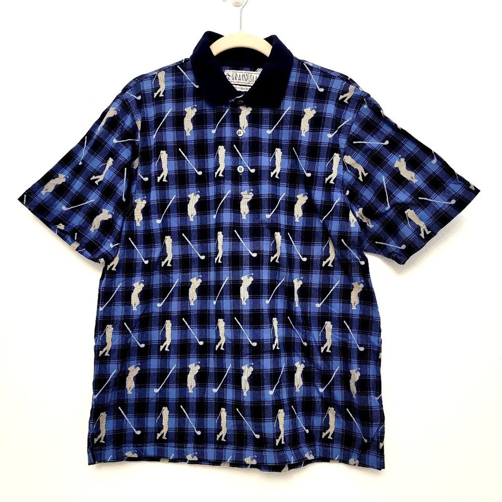 Penguin Munsingwear 90s Grand Slam Blue Grid Plaid w/ Cream Golf Design Polo